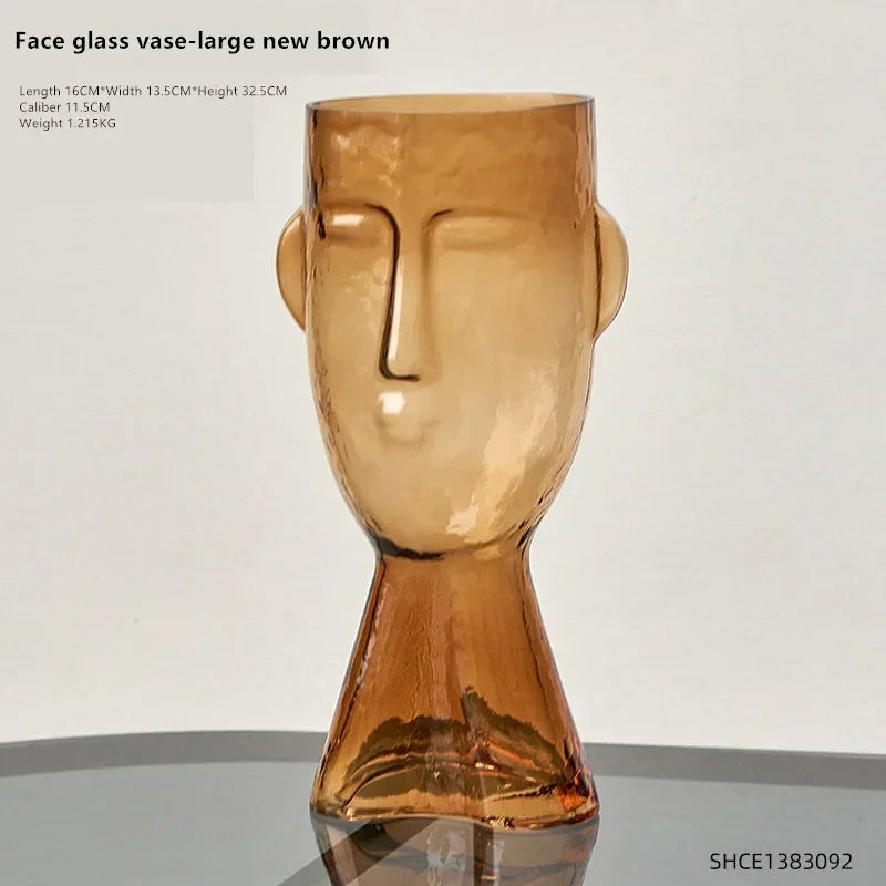 Glass vase – Face art design – Clear decorative piece for flower arrangements