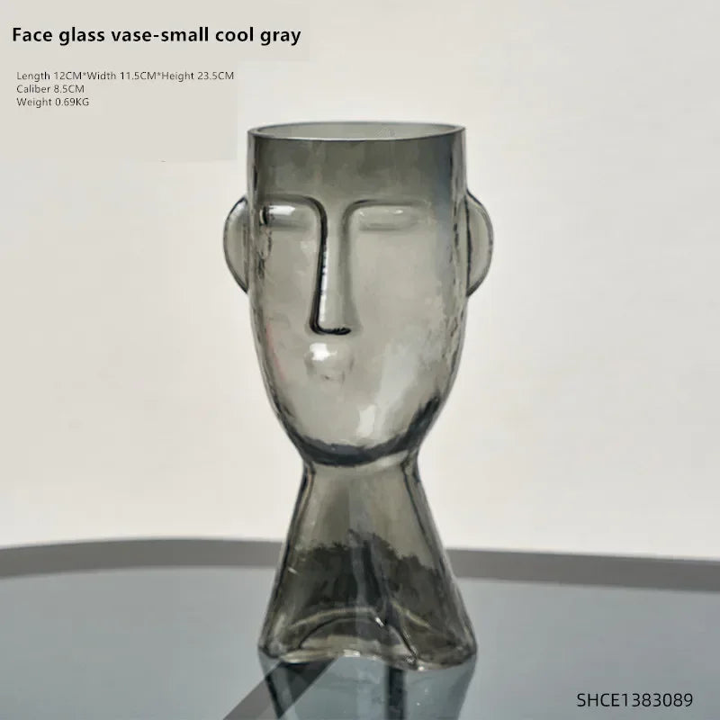 Glass vase – Face art design – Clear decorative piece for flower arrangements