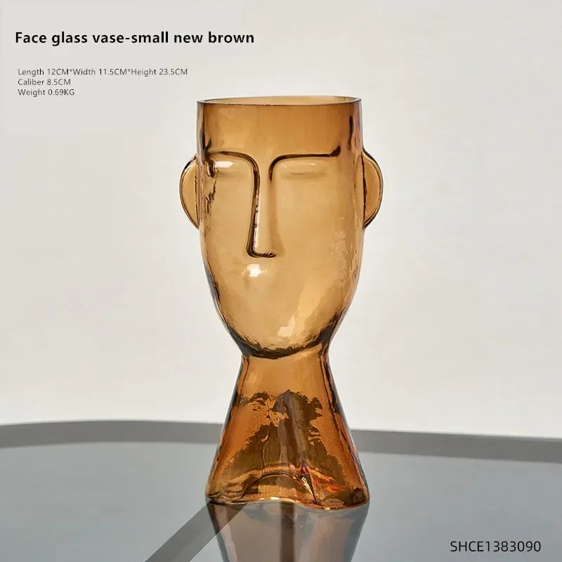 Glass vase – Face art design – Clear decorative piece for flower arrangements