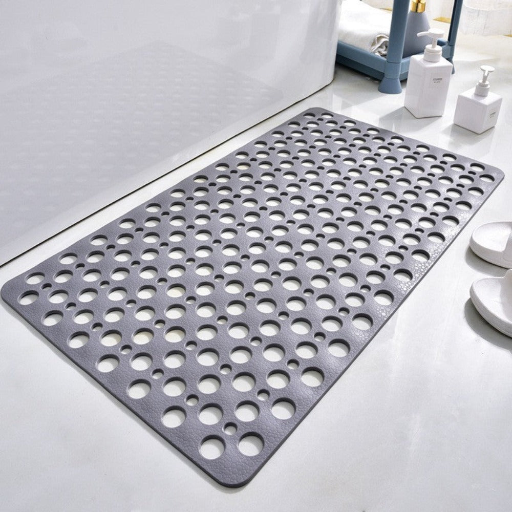 Grey non-slip shower mat with drainage holes – waterproof bathroom floor mat for safety and comfort