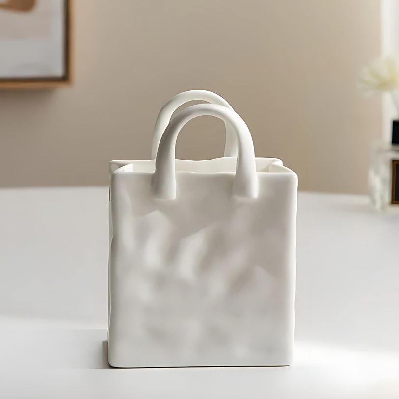 Handbag vase – Ceramic and porcelain blend – Playful handbag design – Chic home decor accessory