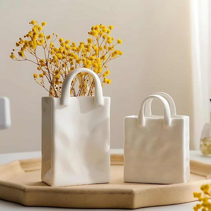 Handbag vase – Ceramic and porcelain blend – Playful handbag design – Chic home decor accessory