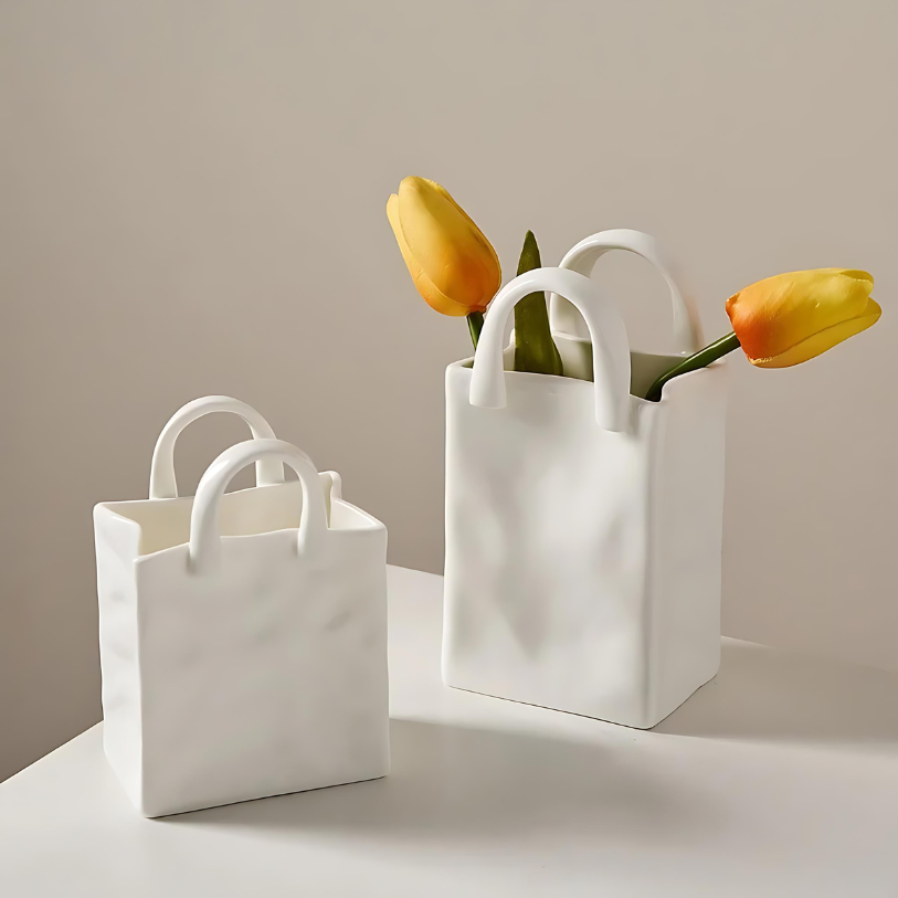 Handbag vase – Ceramic and porcelain blend – Playful handbag design – Chic home decor accessory