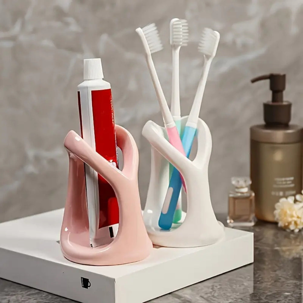Modern ceramic toothbrush and toothpaste holder, bathroom countertop organizer for oral care storage