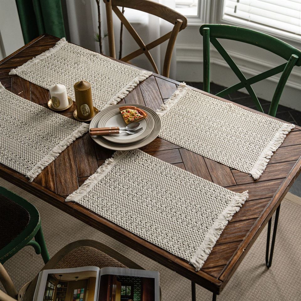 Hemp tablecloth – Handcrafted boho fringe – Natural earthy texture – Perfect for dining occasions