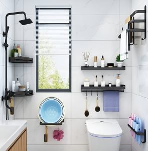 Wall-mounted black metal towel rack with multi-bar design, space-saving bathroom organizer for towels and linens