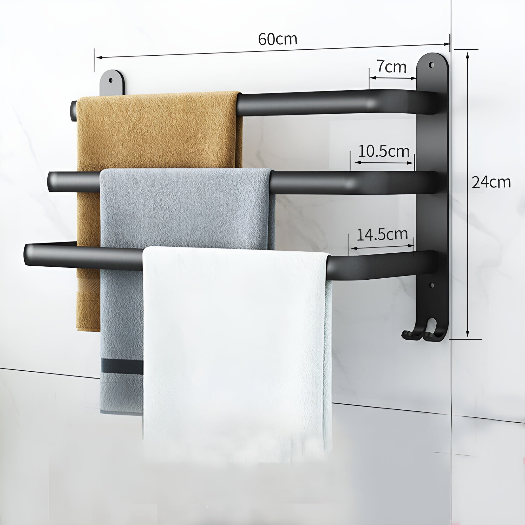 Wall-mounted black metal towel rack with multi-bar design, space-saving bathroom organizer for towels and linens