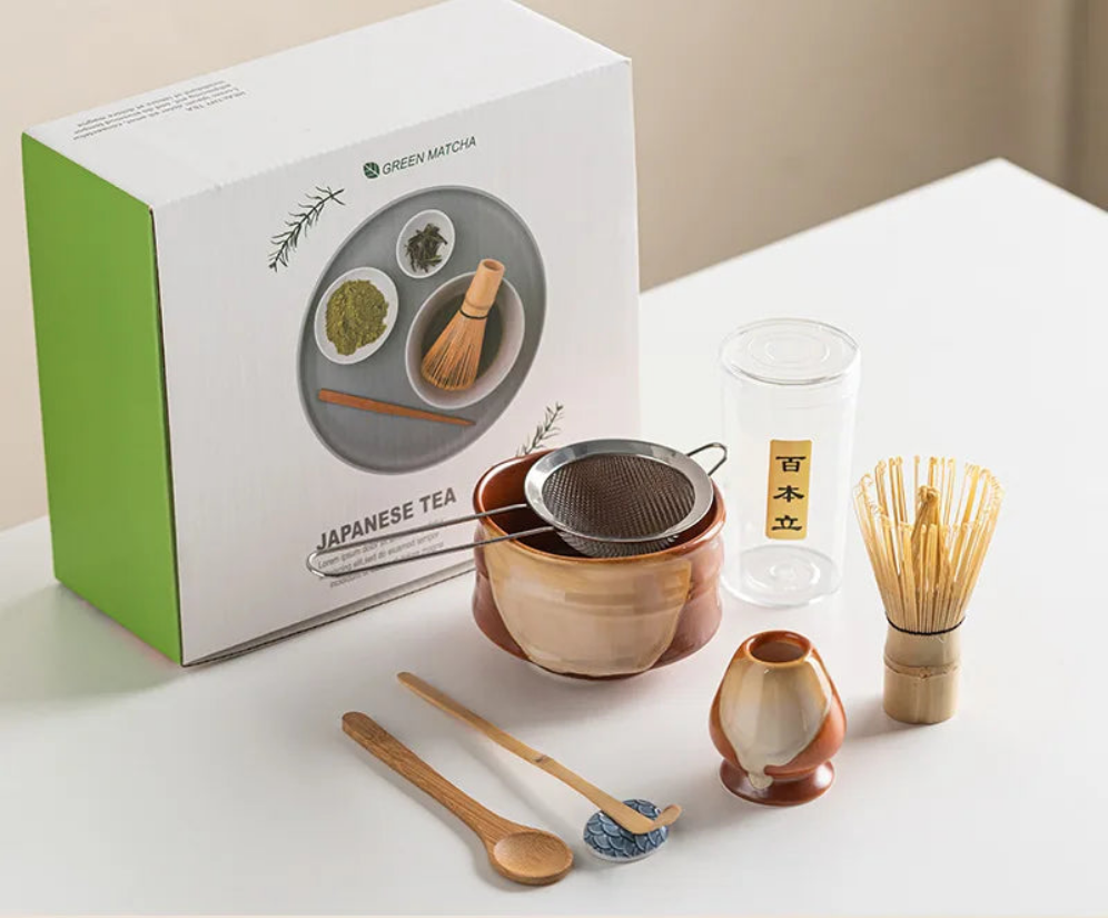 Vintage 7-Piece Matcha Set with Ceramic Bowl, Chasen Whisk, and Bamboo Scoop for Traditional Tea Ceremony