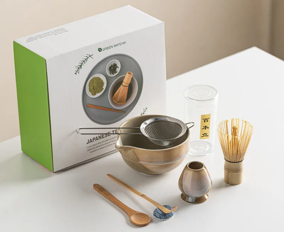 Vintage 7-Piece Matcha Set with Ceramic Bowl, Chasen Whisk, and Bamboo Scoop for Traditional Tea Ceremony