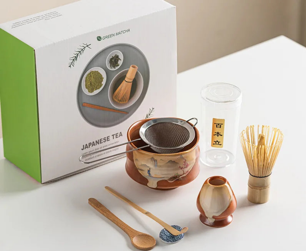 Vintage 7-Piece Matcha Set with Ceramic Bowl, Chasen Whisk, and Bamboo Scoop for Traditional Tea Ceremony