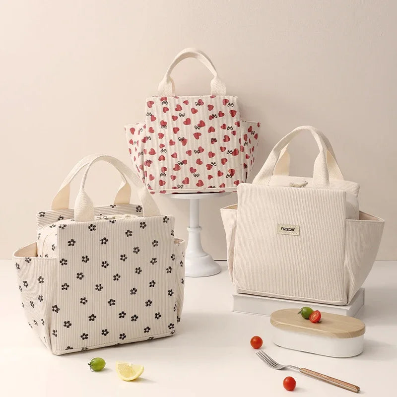 Insulated Lunch Bag - Durable Corduroy Lunch Box, 10.2 x 9.8 x 7.3 Inches, Perfect for School and Picnics
