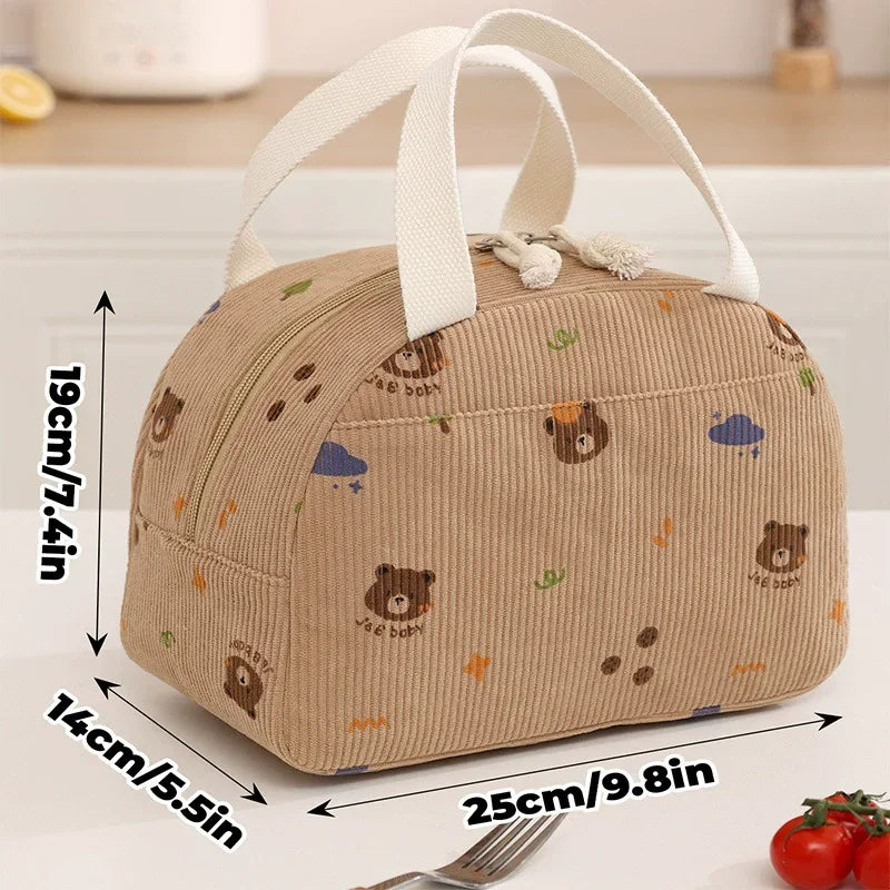 Insulated Lunch Bag - Durable Corduroy Lunch Box, 10.2 x 9.8 x 7.3 Inches, Perfect for School and Picnics