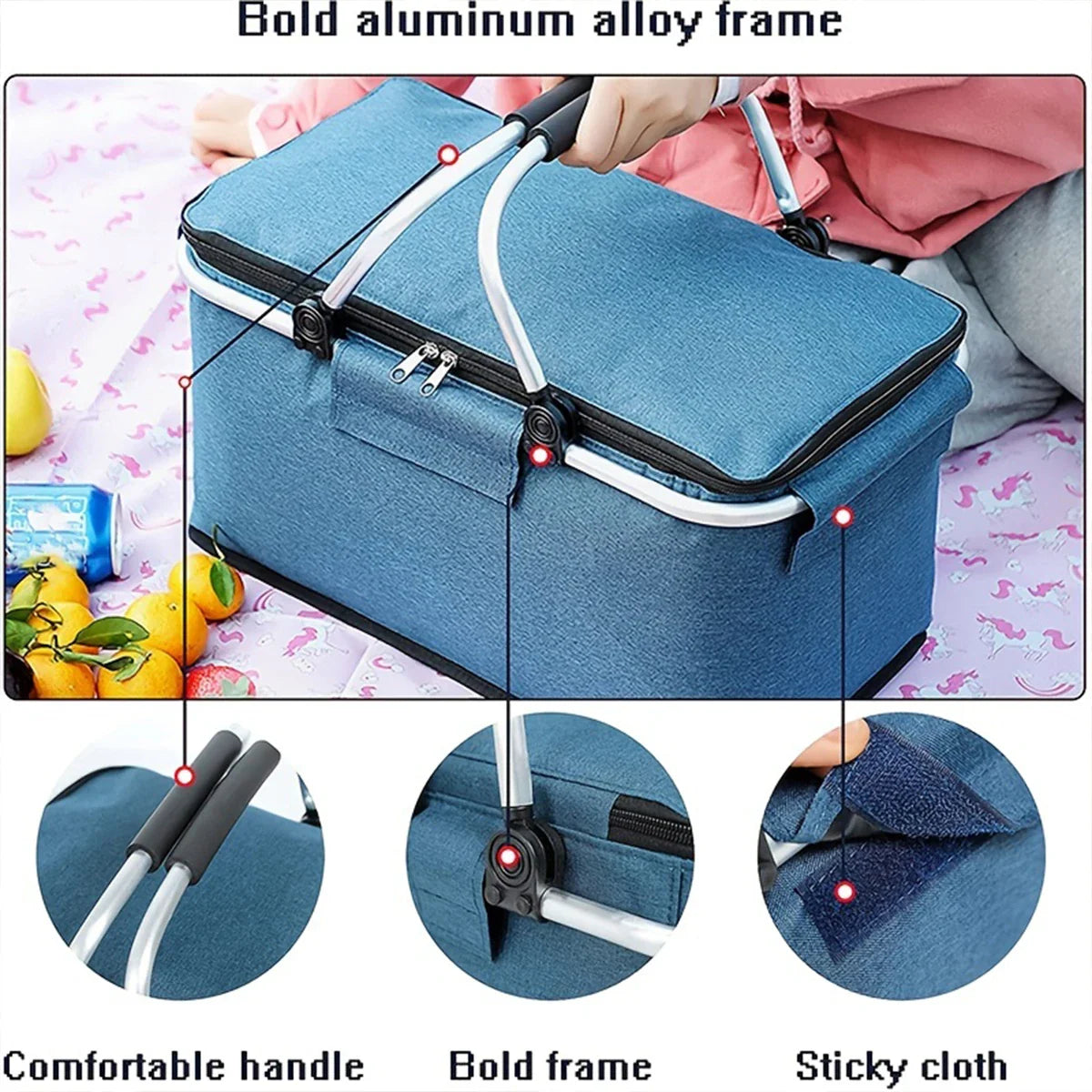 Insulated Picnic Basket Cooler - Foldable Handheld Design, Spacious 15.7x9.1x7.9 Inches for Outdoor Use