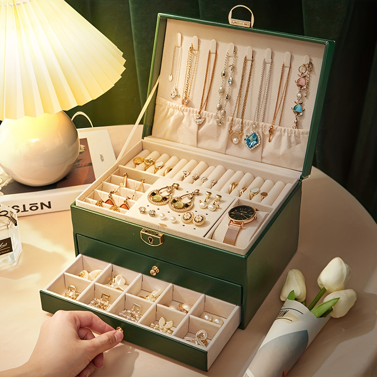 Jewelry Box for Women – PU Leather – Elegant Multi-Compartment Travel Jewelry Organizer – Lightweight and Stylish