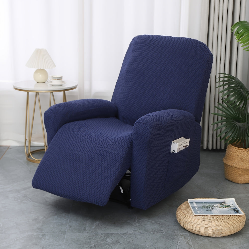 Beige recliner chair with textured fabric cover and side pocket, modern living room armchair for reading and relaxation