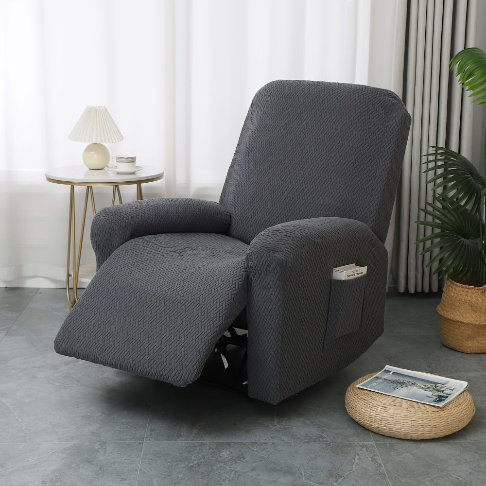 Beige recliner chair with textured fabric cover and side pocket, modern living room armchair for reading and relaxation