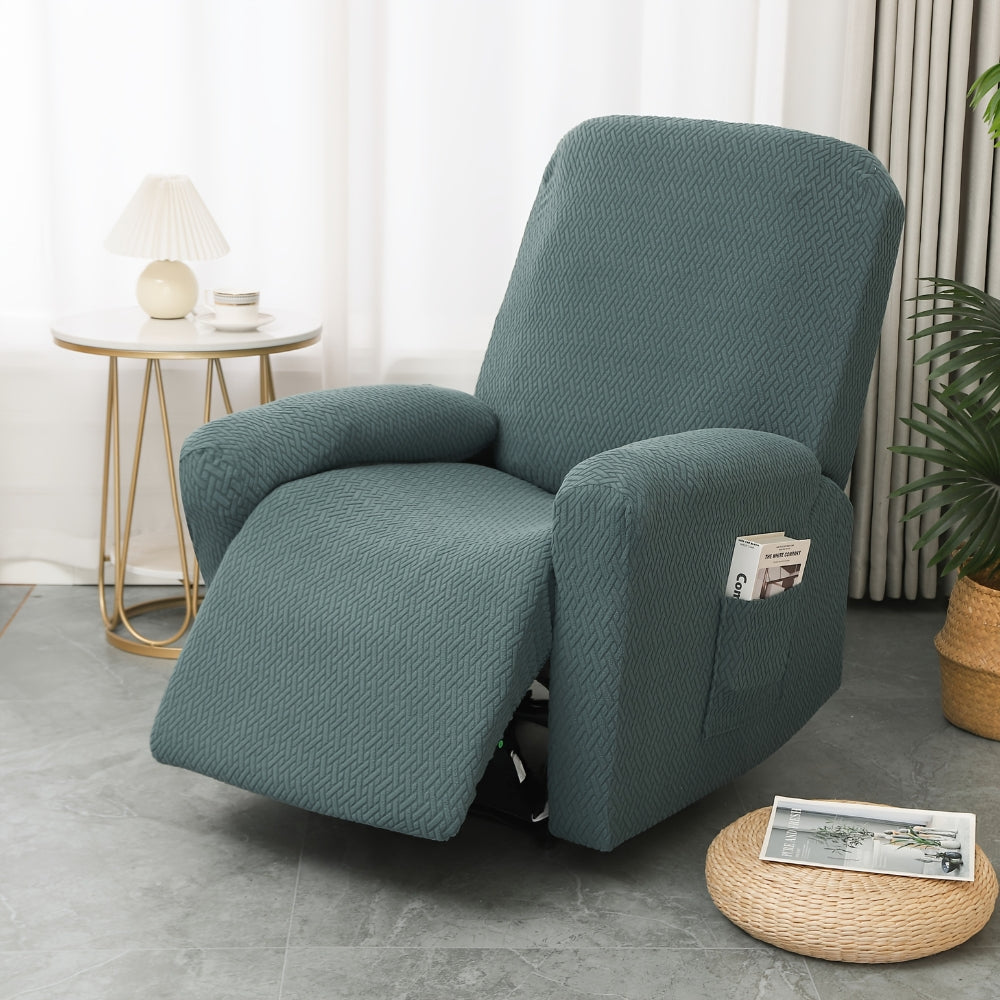 Beige recliner chair with textured fabric cover and side pocket, modern living room armchair for reading and relaxation