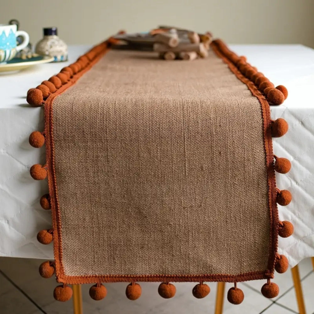 Jute Bohemian Pom-Pom Table Runner
