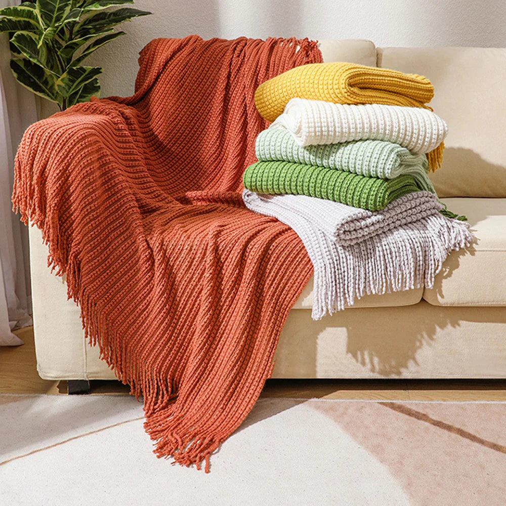 Knitted blanket – Soft acrylic – Solid color with fringe – Bohemian home decor accessory