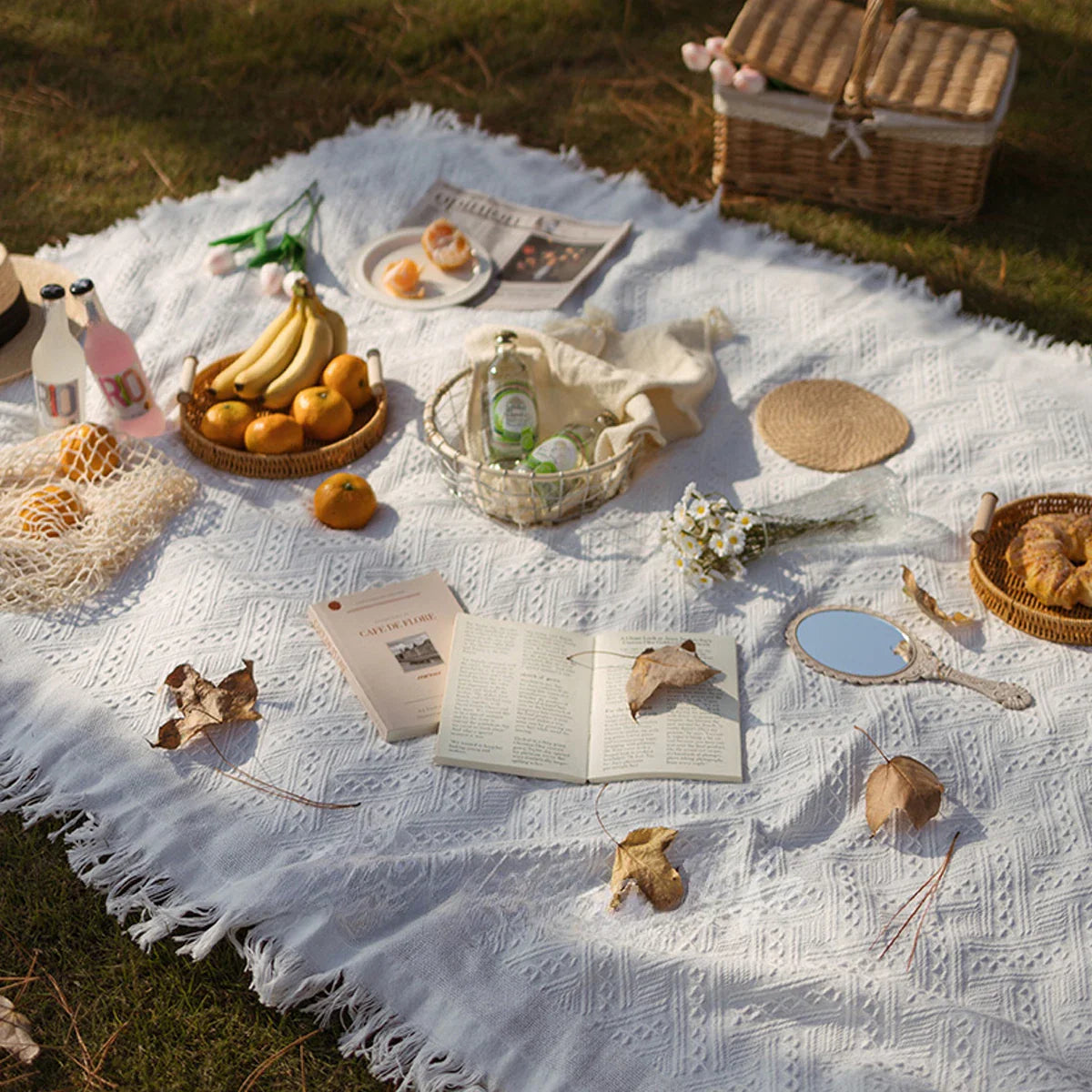 Large Waterproof Picnic Blanket - Moisture-Proof Outdoor Mat for Picnics, Camping, and Beach - French White, 59 x 79 Inches
