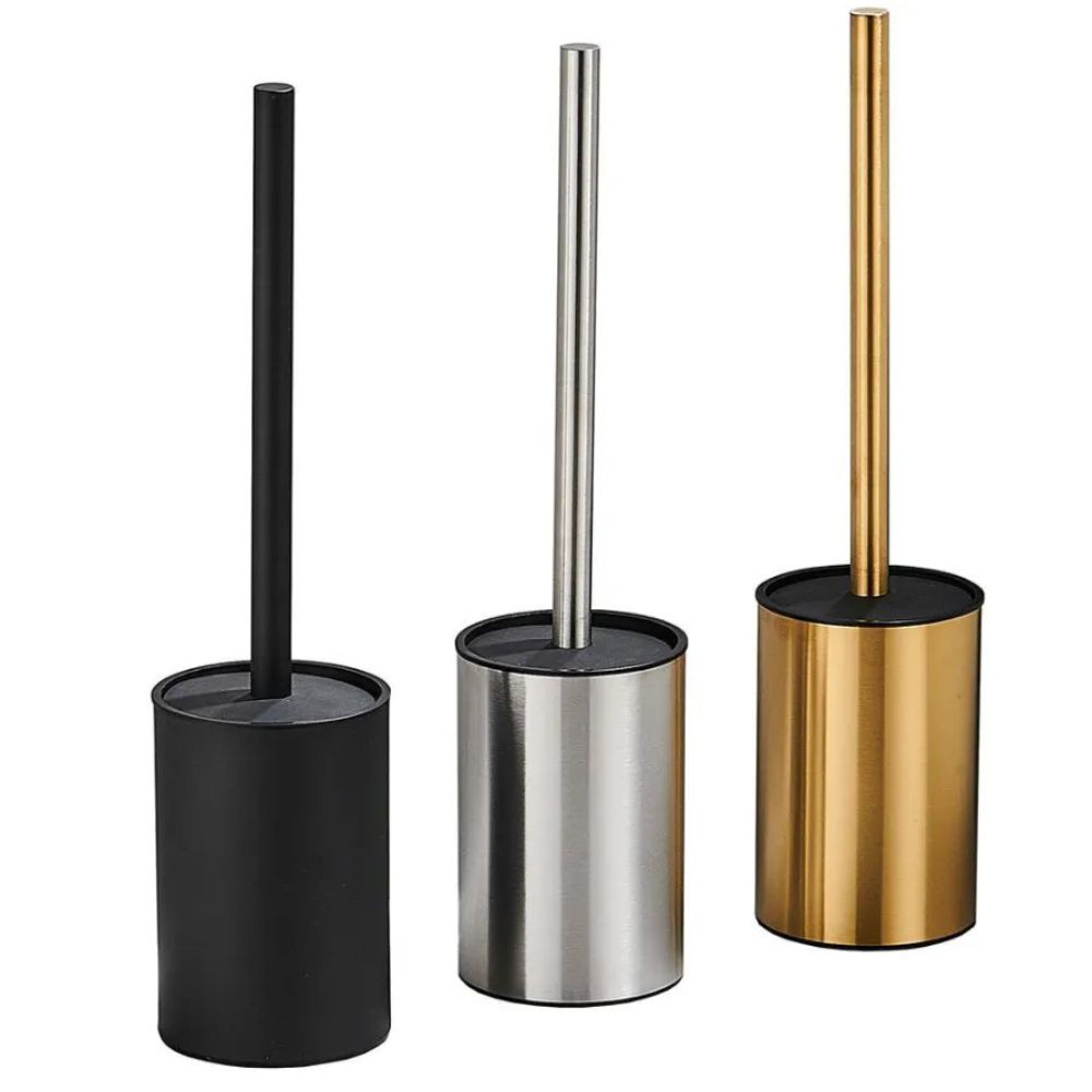 Gold toilet brush with black bristles and matching holder, modern stainless steel bathroom cleaning set