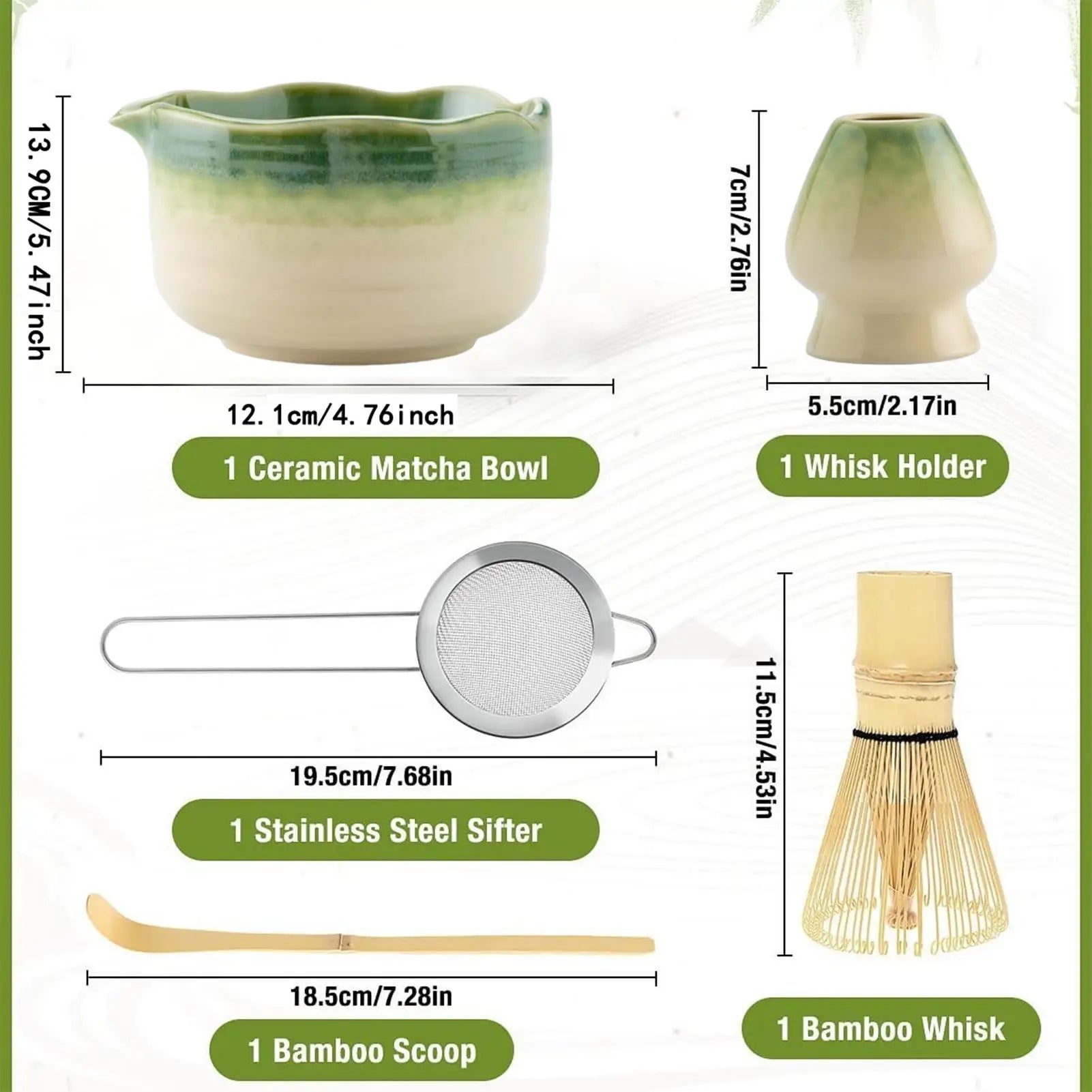 Matcha Whisk Set – Ceramic Bowl with Spout – 5-Piece Japanese Tea Ceremony Kit