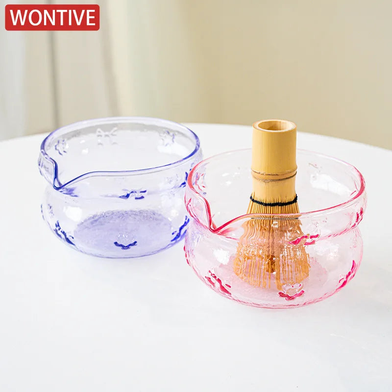 Matcha glass bowl – Pink, blue and black design – Ideal for tea ceremonies