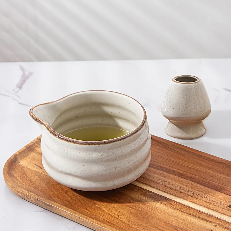 Matcha set – Kiln-transformed grey ceramic – Includes bowl with spout and blender stand – Perfect gift for tea lovers