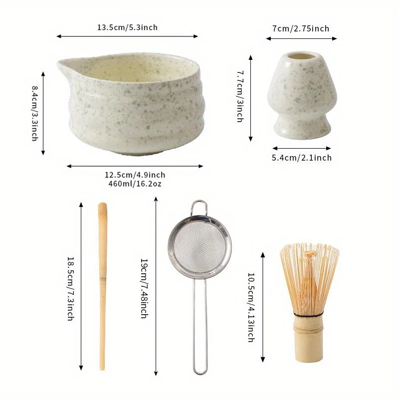 Matcha tea set – Spotted green ceramic – Complete 5-piece matcha set – Ideal gift for tea lovers