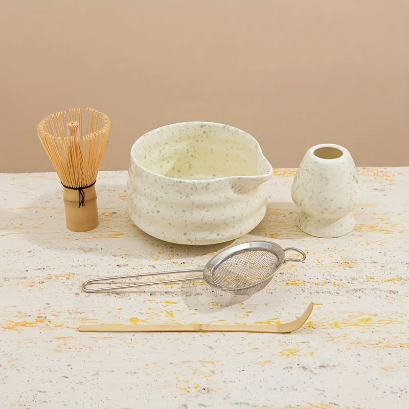 Matcha tea set – Spotted green ceramic – Complete 5-piece matcha set – Ideal gift for tea lovers