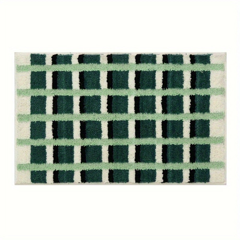 Anti-slip bathroom rug with green and white plaid checkered design, soft absorbent bath mat for modern bathroom decor