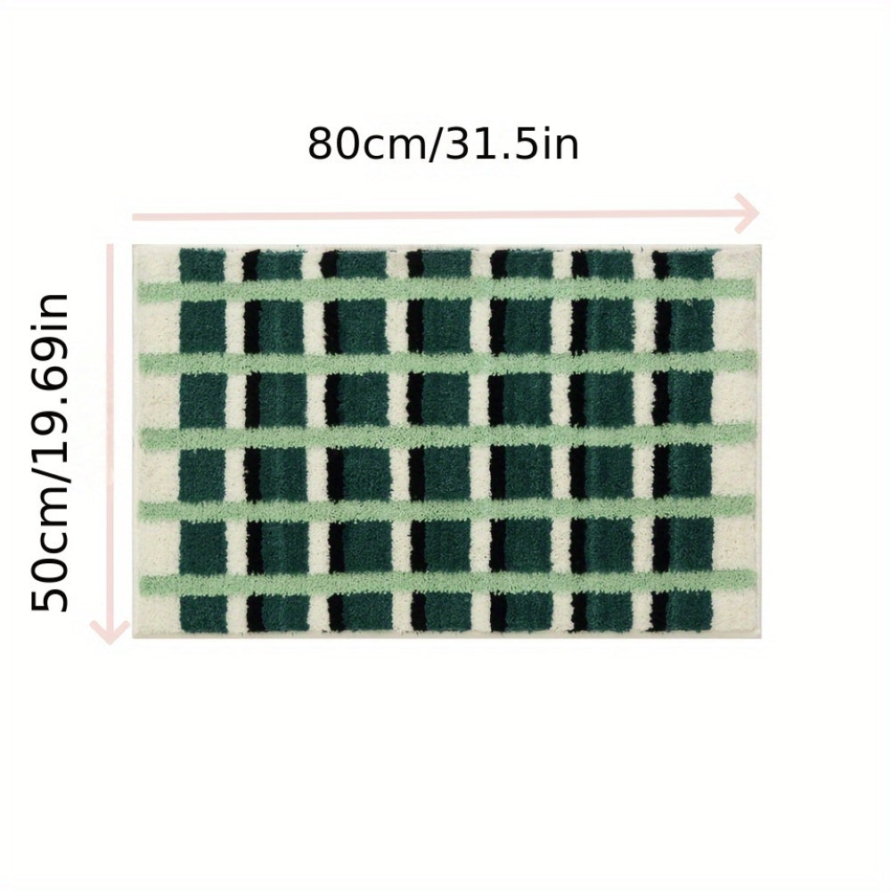 Anti-slip bathroom rug with green and white plaid checkered design, soft absorbent bath mat for modern bathroom decor