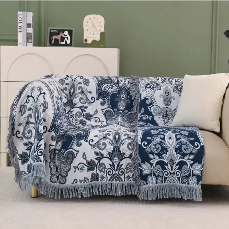 Multilayer Gauze Cotton Cooling Blanket with Tassels, Lightweight Summer Throw for Sofa and Outdoor Use