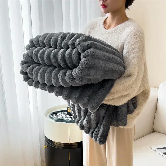 Luxury faux fur blanket in ivory white, soft and cozy throw for bedroom or living room winter decor