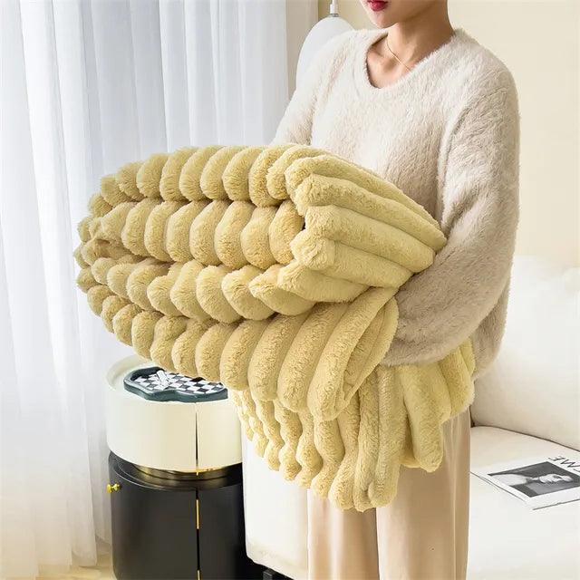 Luxury faux fur blanket in ivory white, soft and cozy throw for bedroom or living room winter decor