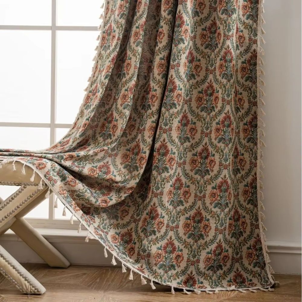 Vintage floral curtain in green with lace trim, rustic farmhouse window drape for living room or bedroom decor