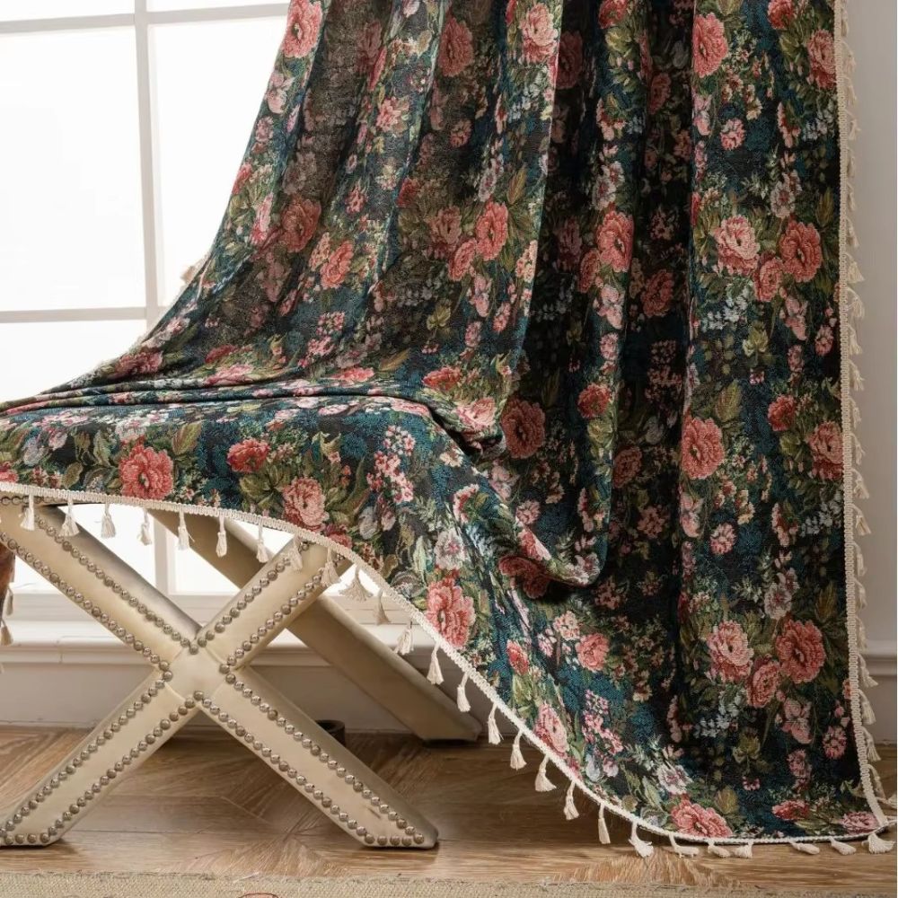 Vintage floral curtain in green with lace trim, rustic farmhouse window drape for living room or bedroom decor