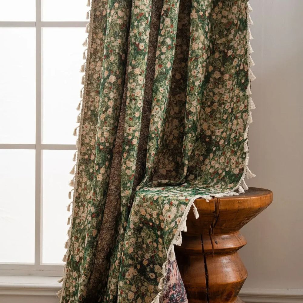 Vintage floral curtain in green with lace trim, rustic farmhouse window drape for living room or bedroom decor