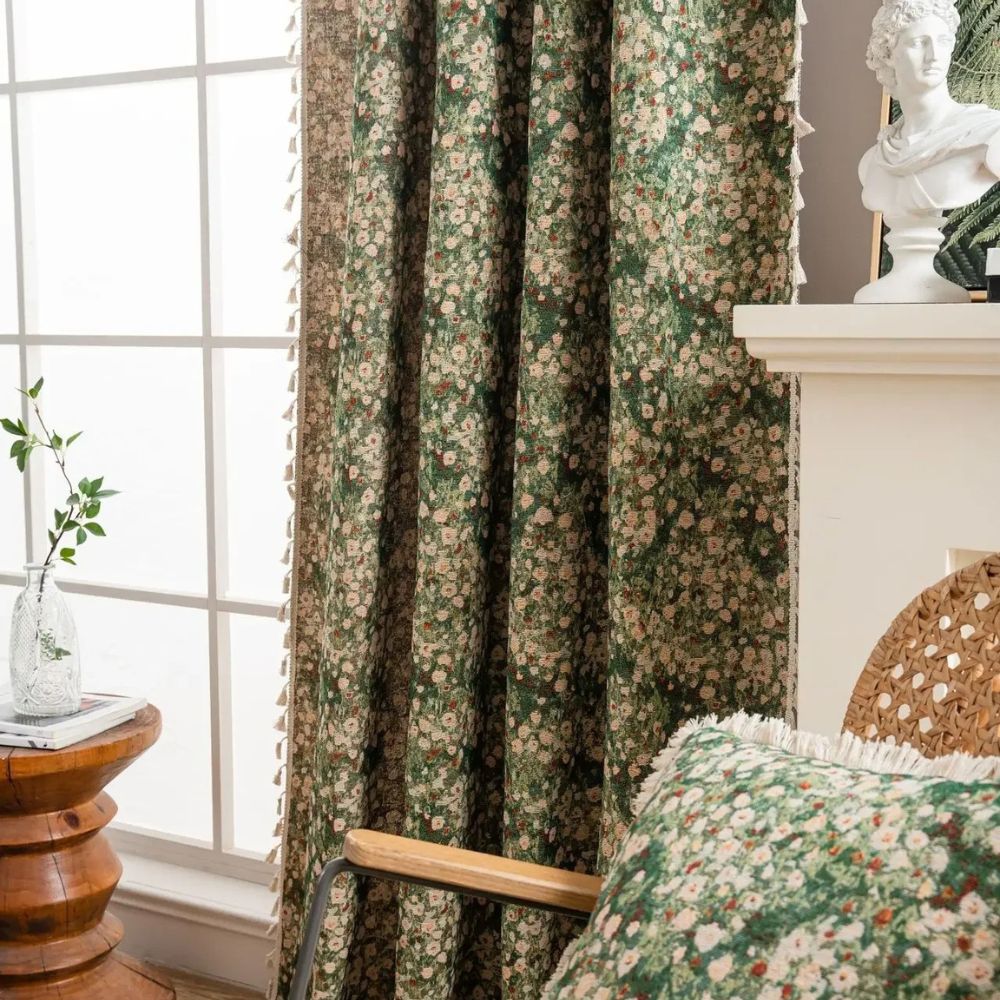 Vintage floral curtain in green with lace trim, rustic farmhouse window drape for living room or bedroom decor