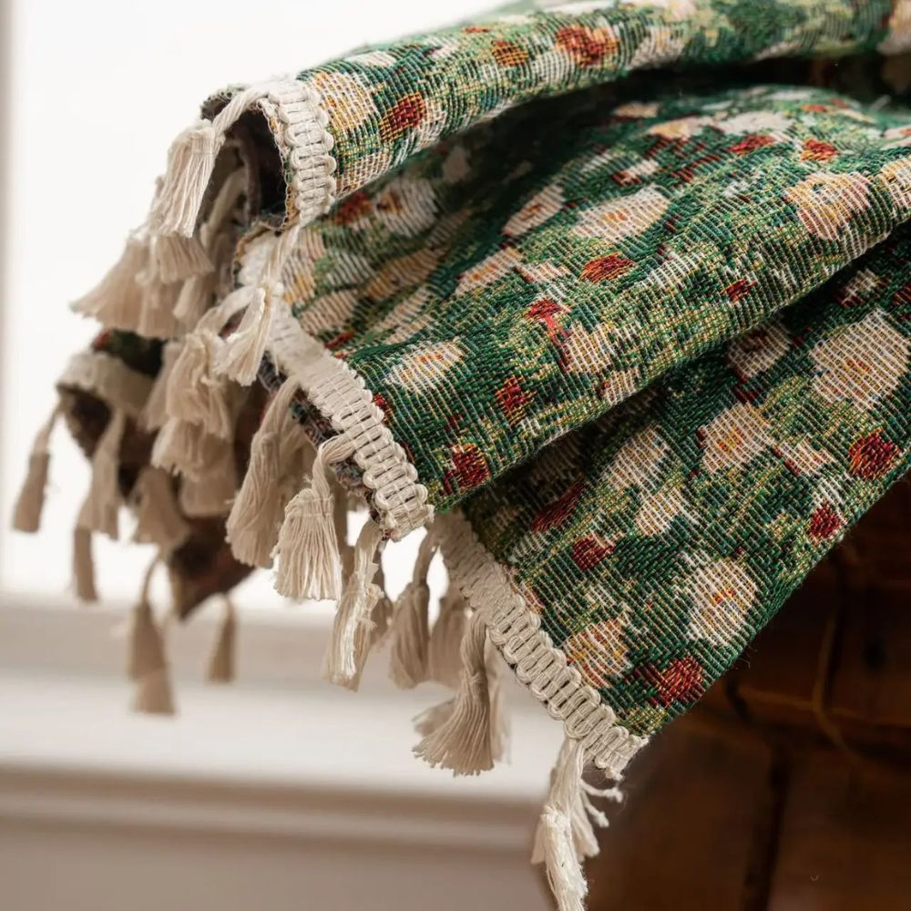 Vintage floral curtain in green with lace trim, rustic farmhouse window drape for living room or bedroom decor