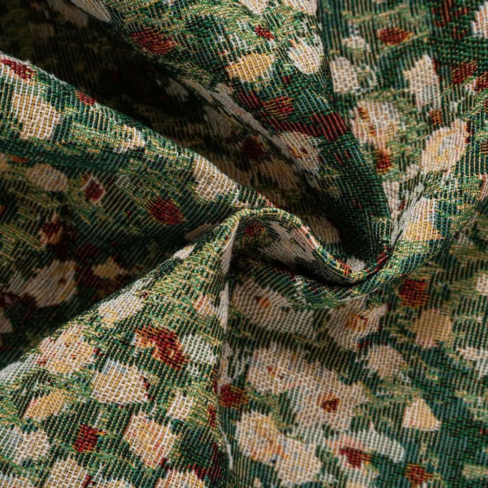 Vintage floral curtain in green with lace trim, rustic farmhouse window drape for living room or bedroom decor