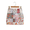 Patchwork Flower Print Front Zipper Quilted Skirt