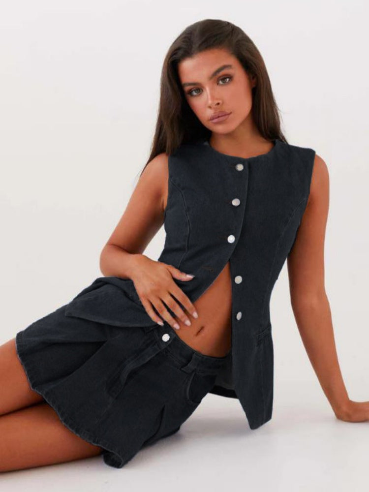 Casual Sleeveless High Waist Denim Set