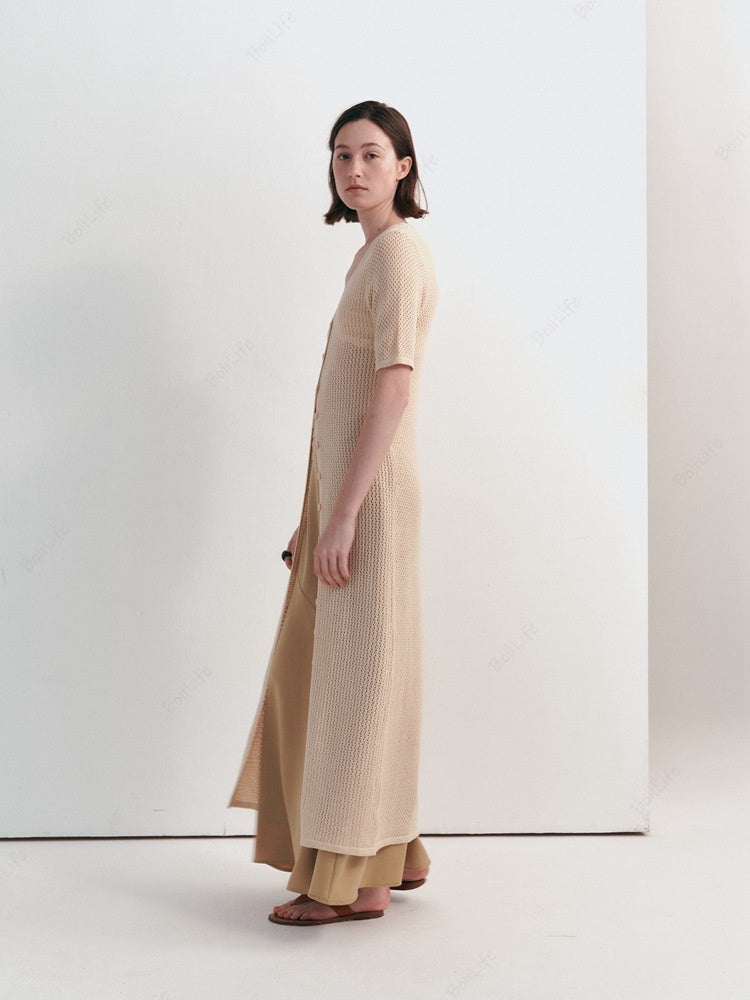 Long Knit Hollow-Out Short-Sleeve Cardigan