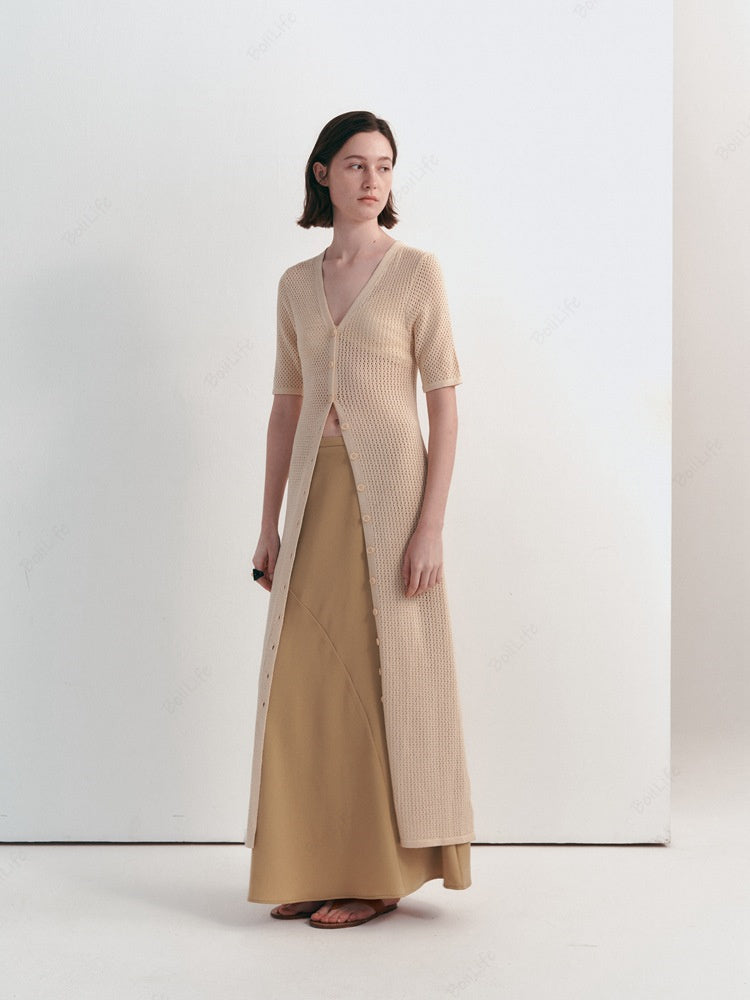 Long Knit Hollow-Out Short-Sleeve Cardigan