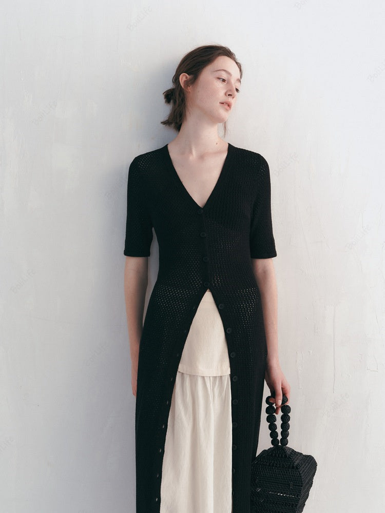 Long Knit Hollow-Out Short-Sleeve Cardigan