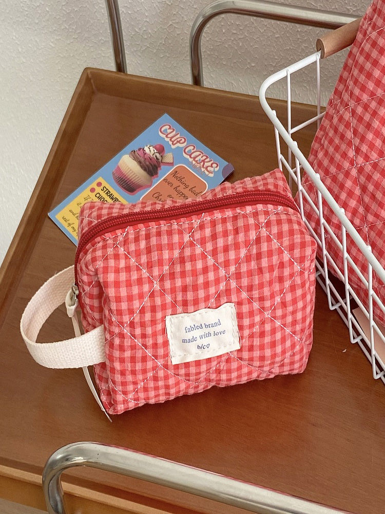 Cranberry Checkered Makeup Bag