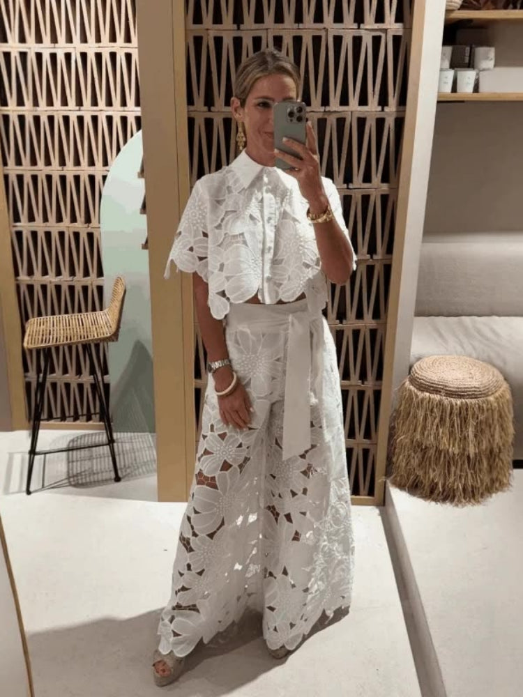 Cut-Out Cardigan Top Wide-Leg Pants Set