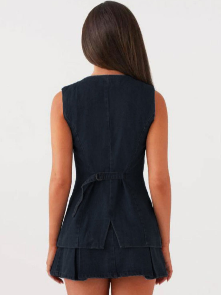 Casual Sleeveless High Waist Denim Set