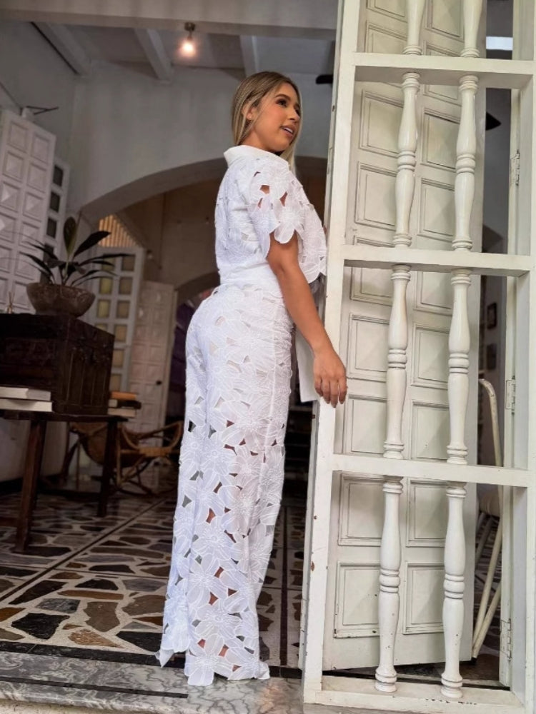 Cut-Out Cardigan Top Wide-Leg Pants Set